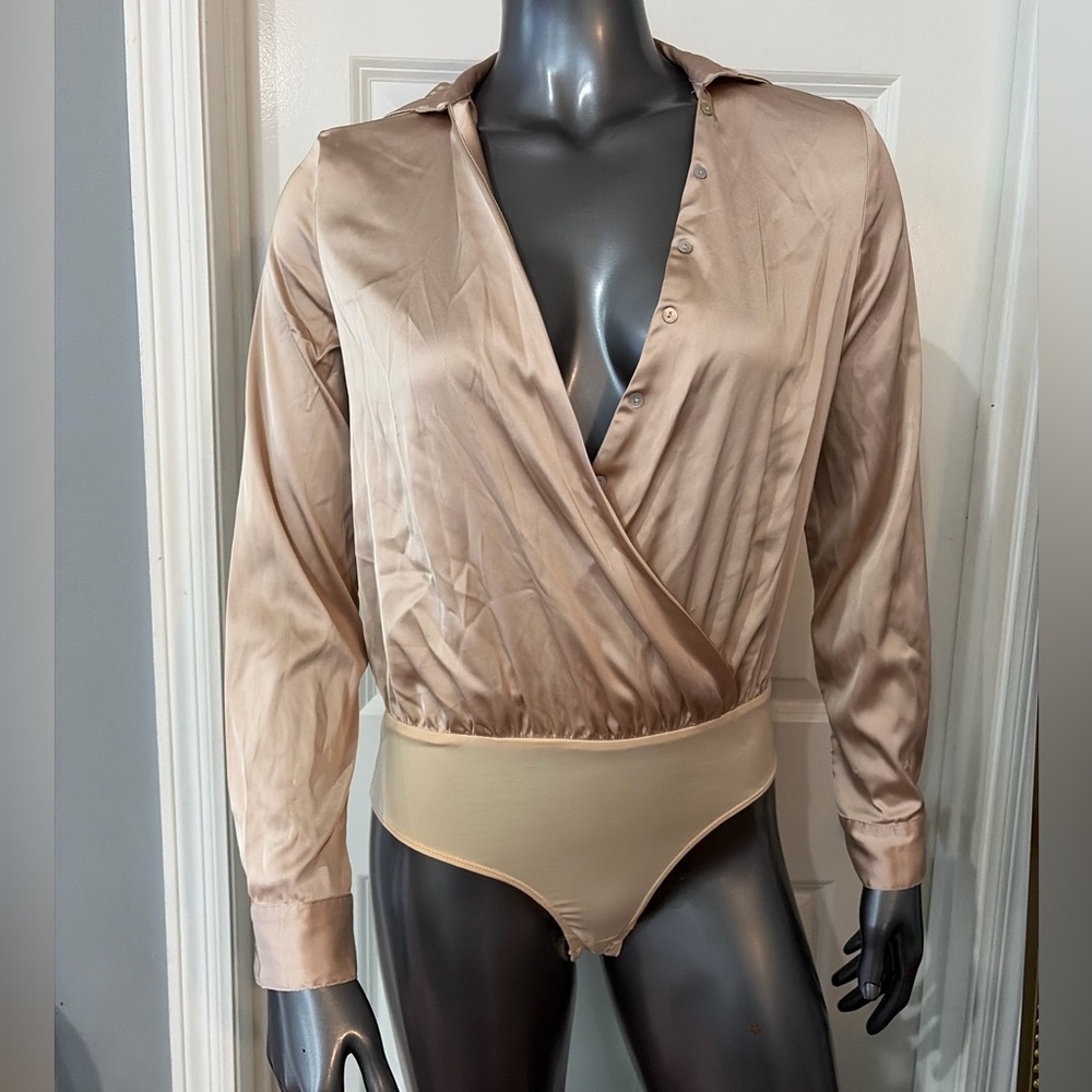Satin-Look Open Front Wrap Long Sleeve Sexy Bodysuit in Blush Pink / Beige